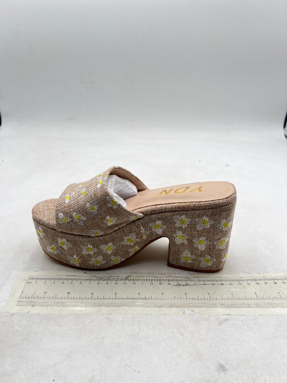 YDN Beige Flower Platform Heeled Mules Round Toe Chunky Heels Slip On Sandals
